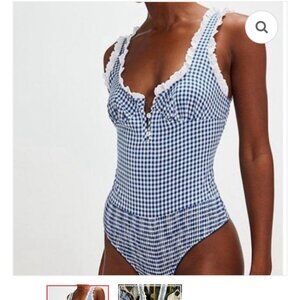 Free People " Cassie" Gingham Ruffle Bodysuit.